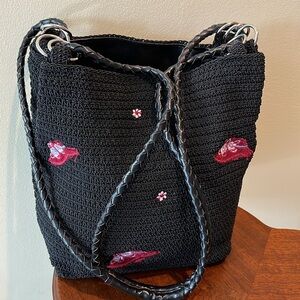 Crocheted bag  black / red velvet hat /white lt. Blue Red flower appliqué 3 comp